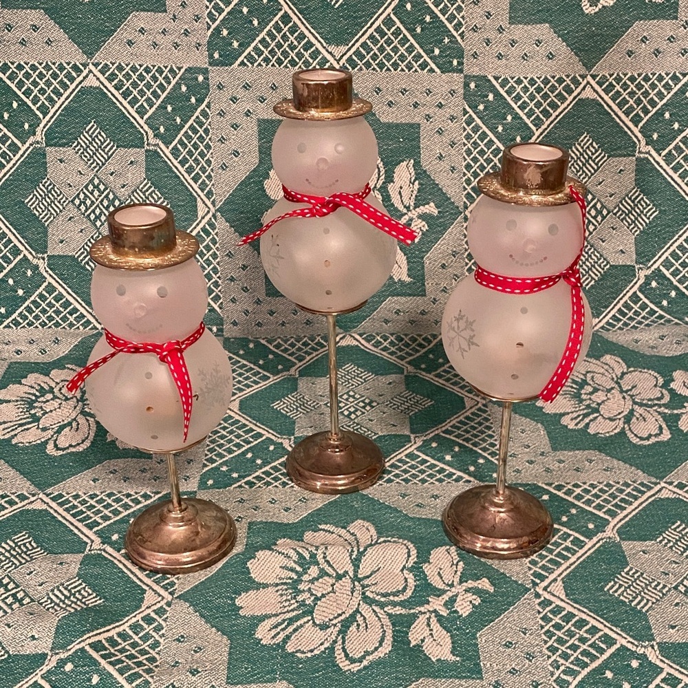 Vintage Frosted Snowman Candle Holders with Silver and Red Accents - Picture 1 of 2